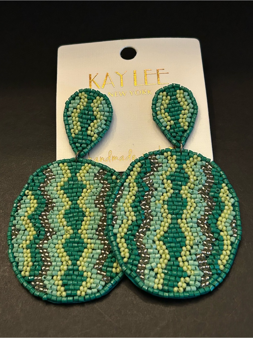 Kay Lee New York Green Hand Beaded Statement Boho Wavy Design Drop Earrings
